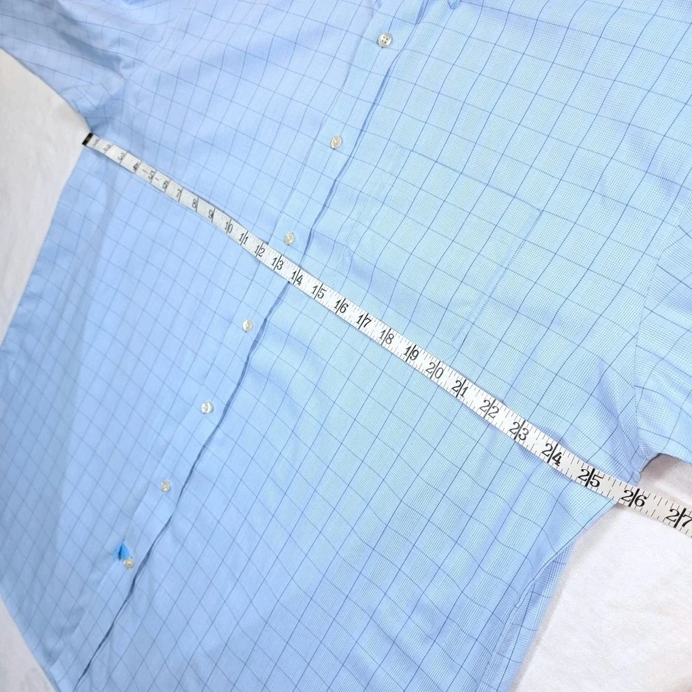 Jos. A. Bank Mens 17-34 Light Blue Windowpane Non-Iron Cotton Dress Shirt